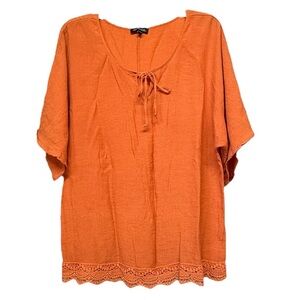 Notations Orange Blouse with Tie Front and Short Sleeves
